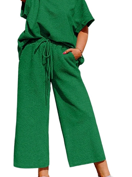 Pants - 2 Piece Lounge Set in Green with a Geometric Basketweave Pattern Plus Size
